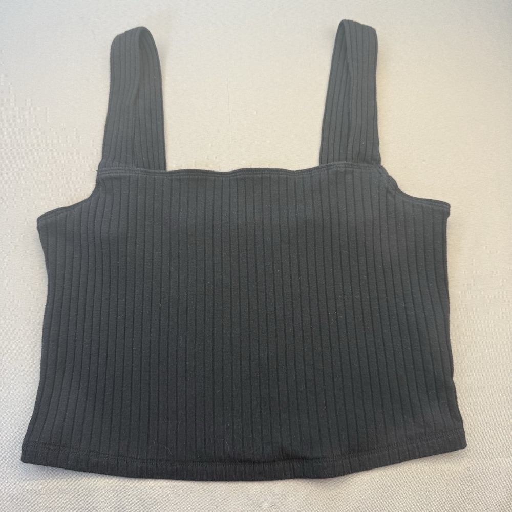 American Eagle Women's M Black Solid Ribbed Knit Cropped Tank Top Square Neck